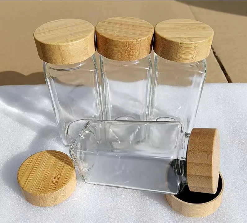 Eco-friendly 120ml Customized Package Square Spice Jar With Label Farmhouse 4oz Glass Spice Jar With Bamboo Lid Set