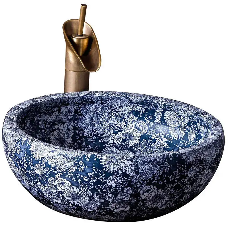 Excellent quality countertop art blue and white porcelain bathroom sink painted flower ceramic wash basin
