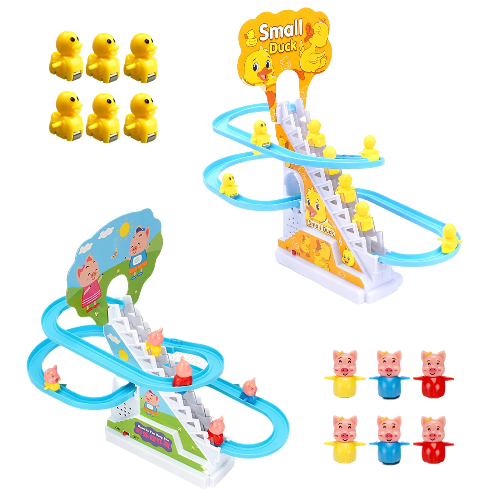 Amazon Hot Selling Duck Climbing Stairs Yellow Rail Car Toys Electric Slide Music Lights Educational Toy Boys and Girls Toys