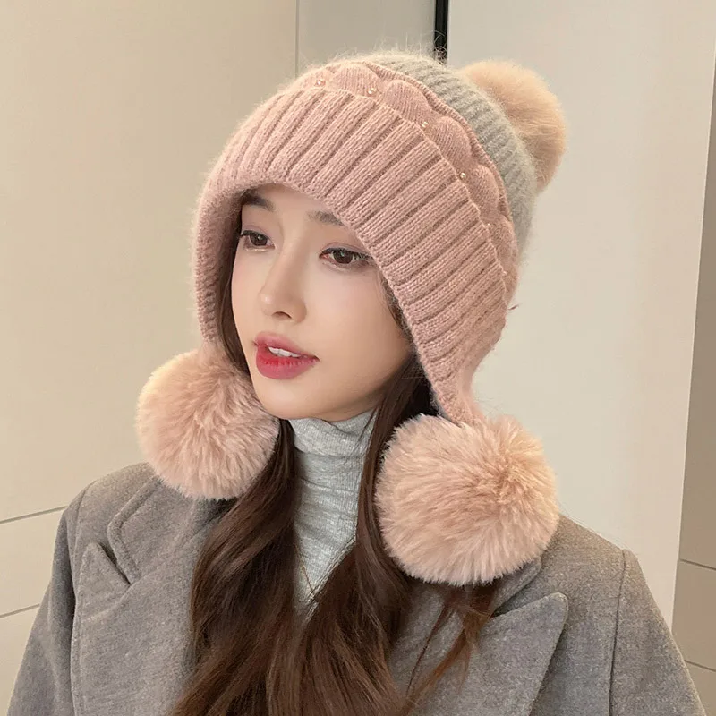 Warm Wool Ball Ear Protection Face Knitted Riding in Autumn and Winter Cold Proof Pullover Hats Korean Fashion