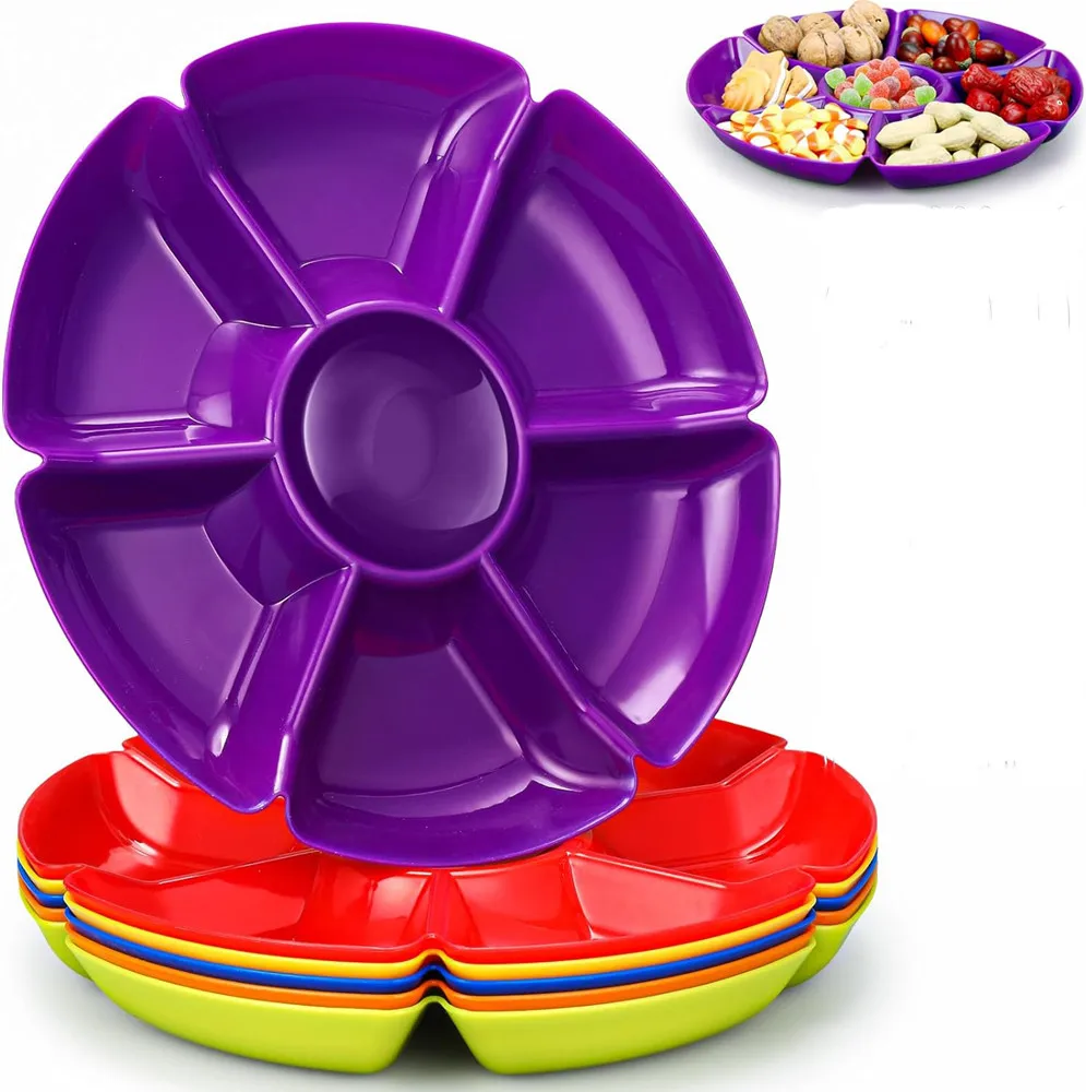 6 Pcs Plastic Divided Serving Trays with  Compartments Round Appetizer Tray Snacks Serving Dish Food Serving Dip Platter