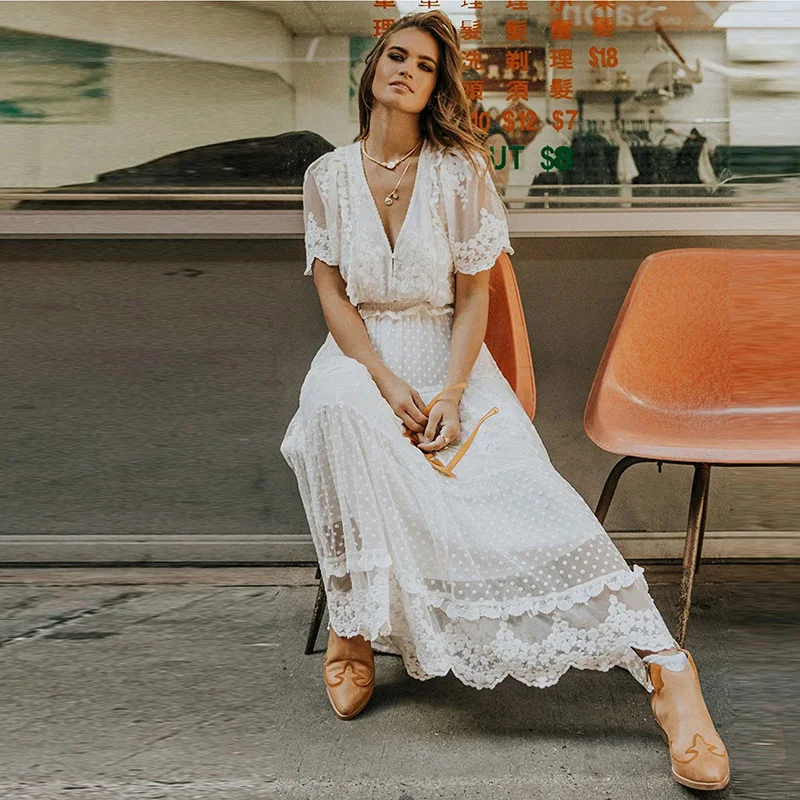 
Party Wear Women Dress White Patchwork Short Sleeve V-Neck Lace Summer Party Dresses For Woman Summer 