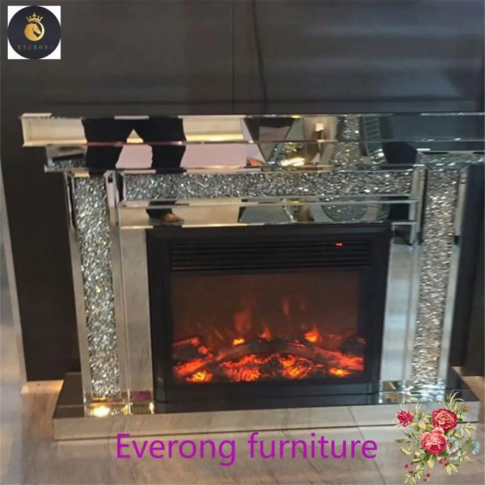 Elegant Living Room Furniture Entryway Hall Table LED Crushed Diamond Mirrored Electric Fireplace