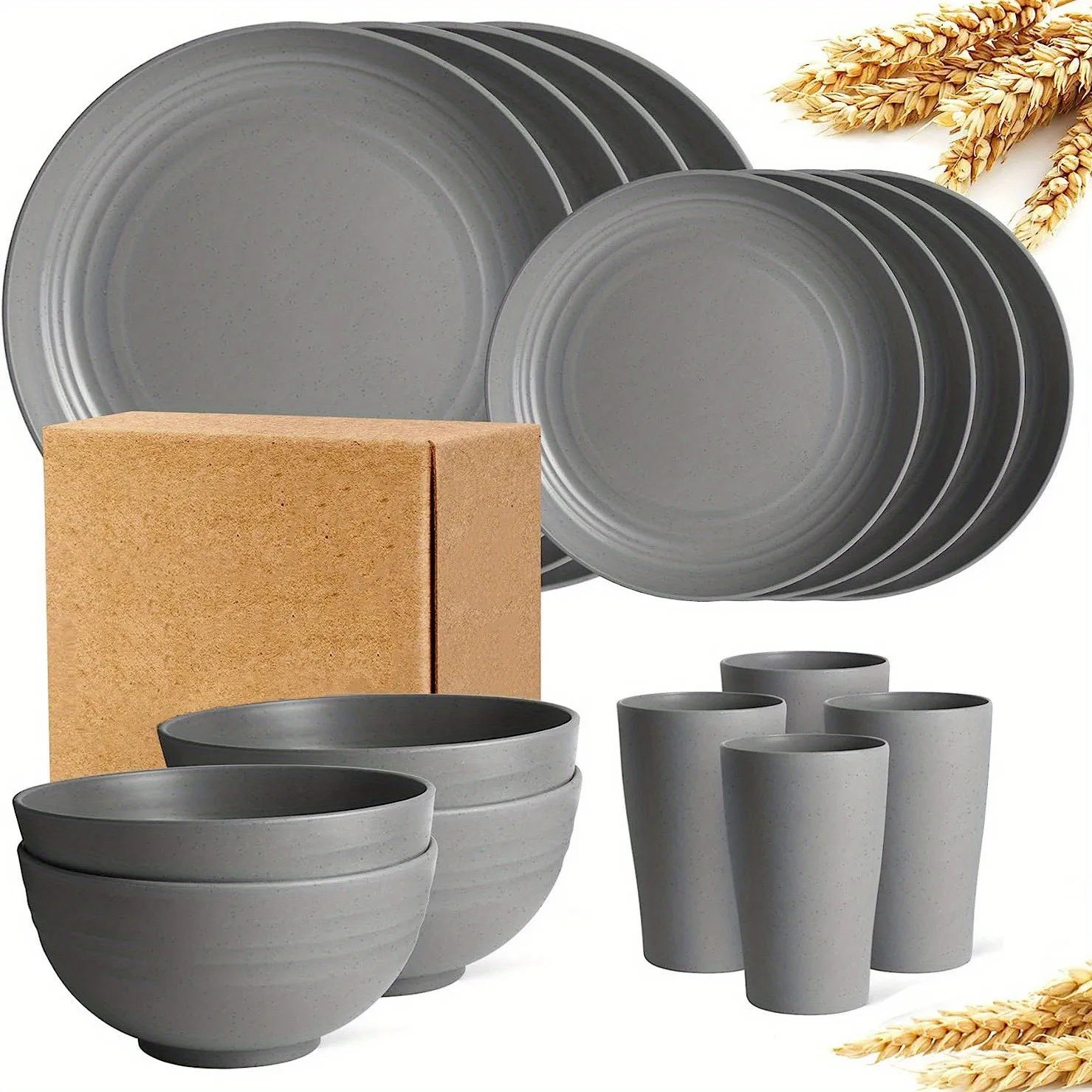 16pcs Wheat Straw Unbreakable Dishwasher Microwave Safe Dinnerware Plates and Bowls Sets RV Outdoor Camping Service for 4