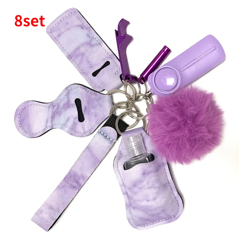 Chinese Manufacturer 8 Pcs/Set Cute Pompom Whistle Accessories Bulk Personal Safety Self Defense Keychain Set Women