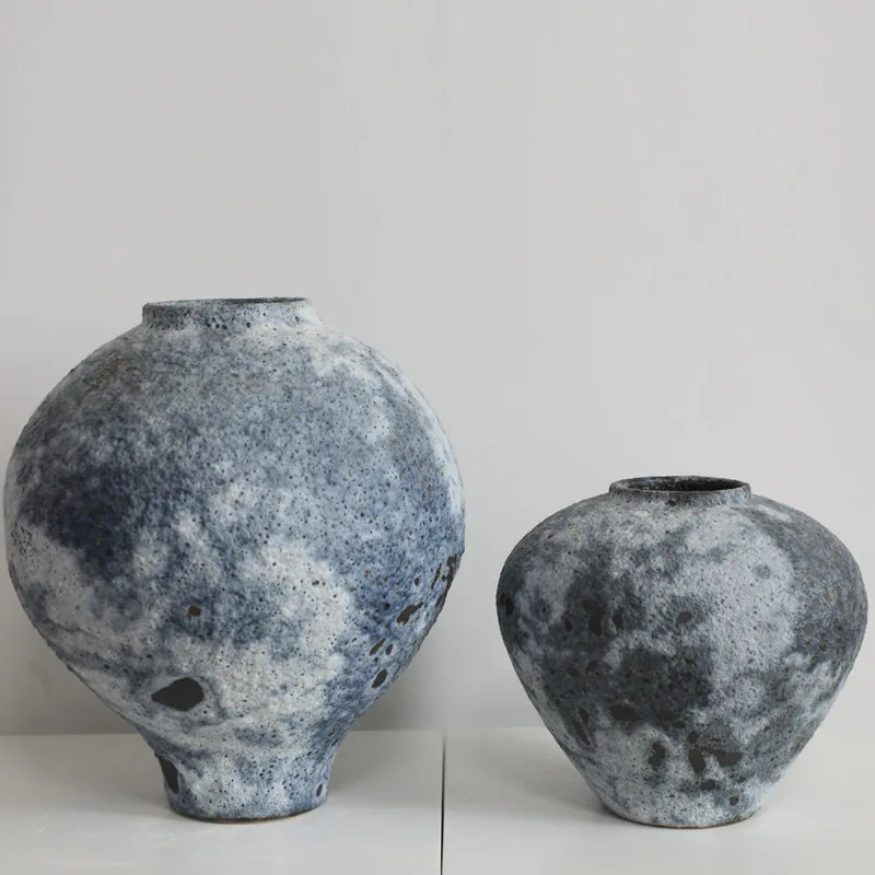 Chinese Style Antiqued Ceramic Vase Set Rustic Moonscape with Vintage Flower Pattern Glazed and Matt for Home Decor