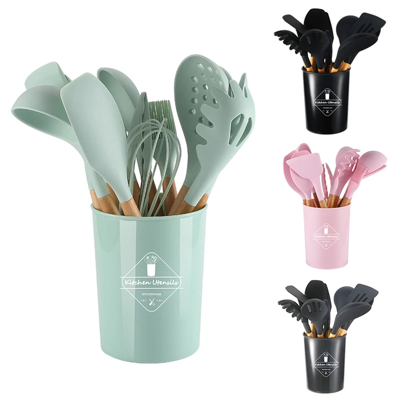 
2021 Kitchen Gadgets Cooking Tool Utensil silicone Kitchen Accessories Sets With Wooden Handles 12 Pieces In 1 Set Kitchenware 