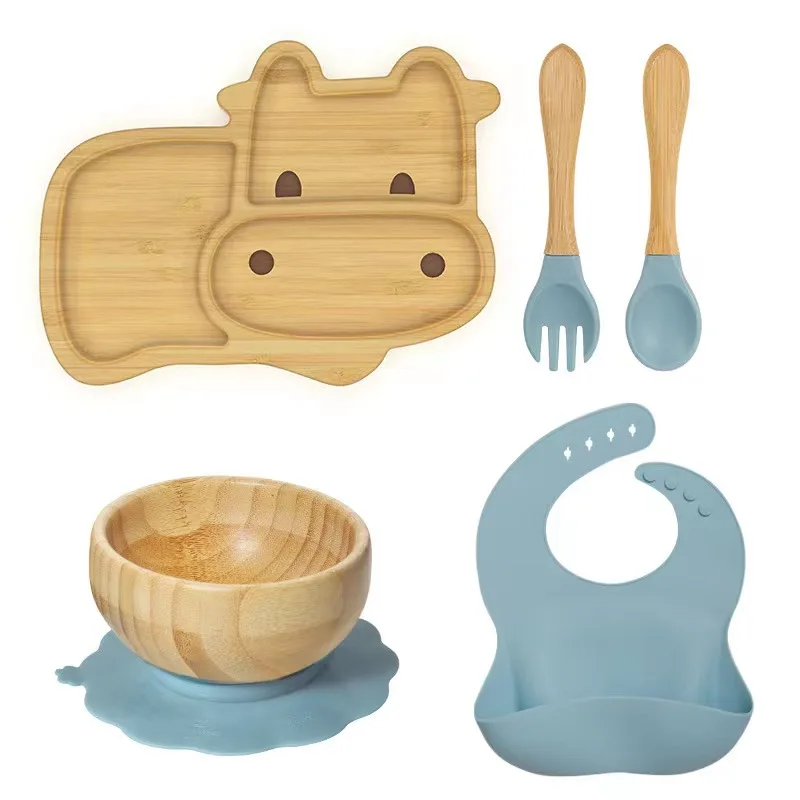 Hot Sale Bamboo Suction Plate Silicone Baby Tableware BPA Free Animal Baby Feeding Set With Spoon Fork