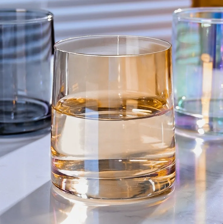 Custom Logo 4 Colors Clear Iridescent Amber Gray Slanted Glass Jars Luxury 6oz 8oz Glass Cups for Juice Water Whisky