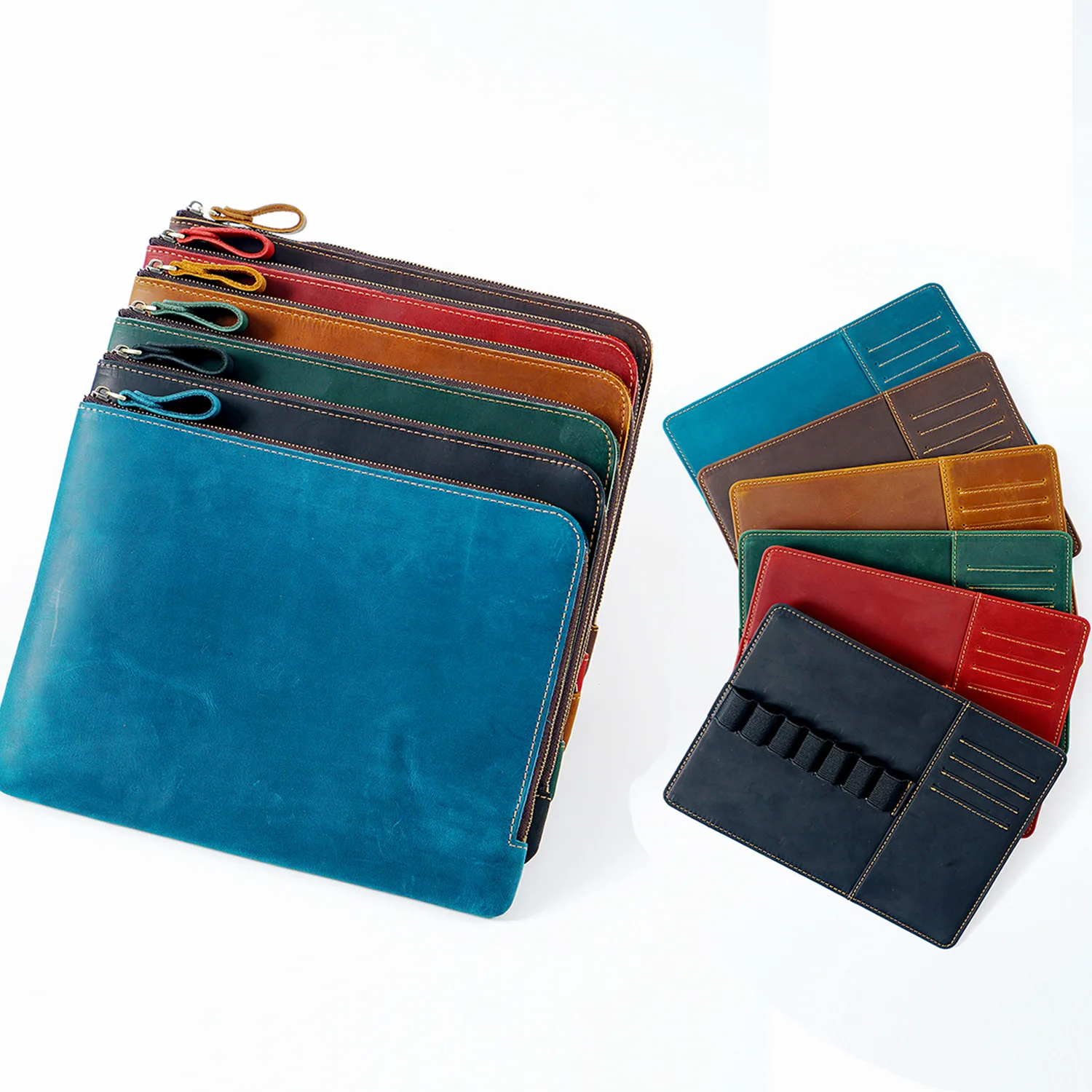 Large Capacity Crazy Horse Leather Pen Case Zippered Pencil Pouch Handmade Cow Leather Pen Bag For Student