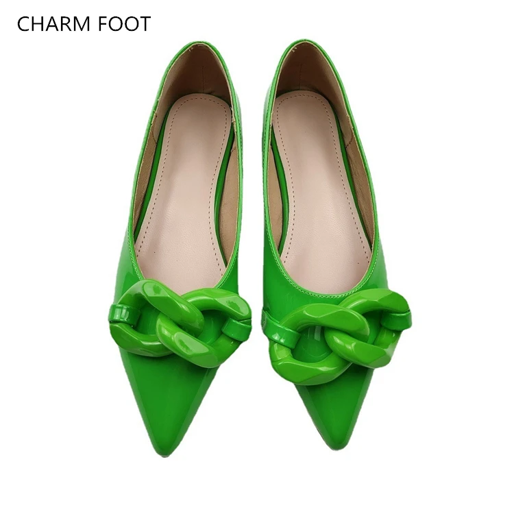 Spring and Summer Net Red Same Style Patent Leather Fashion Chain Tip Shallow Mouth Versatile Flat Sole Single Shoe Women