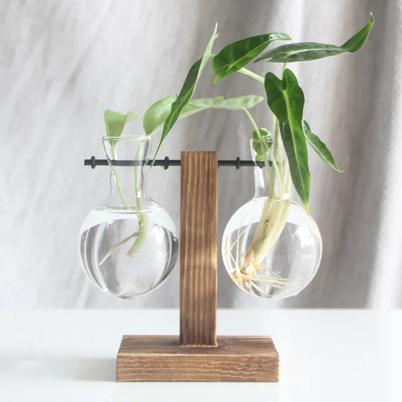 retro desk home decor bud florero terrarium air plants propagation station hydroponic glass flower bulb vase with wooden stand
