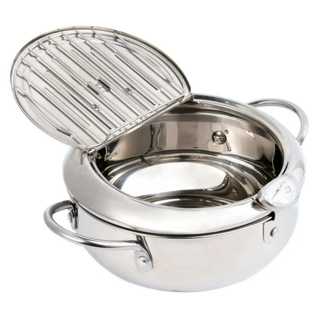 304 Stainless Steel Tempura Deep Fryer Pot With Thermometer And Oil Drip Rack Lid For Chicken Fries Fish Shrimp Oil Frying Pan