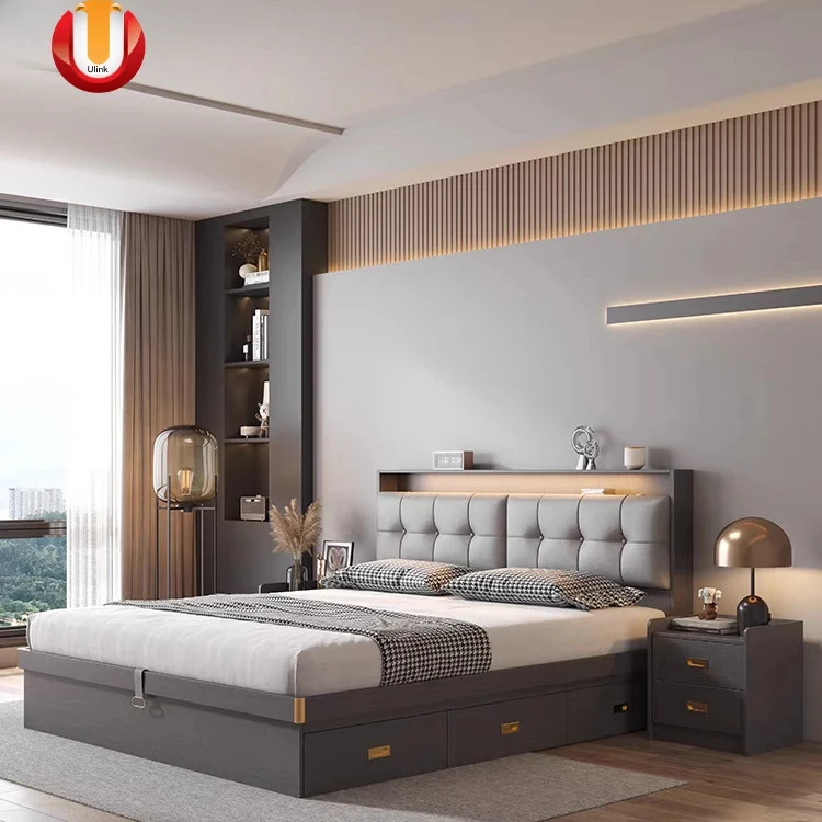 100% European Design Bedroom Furniture Sets Modern Decoration Accessories Frame Sheet Bedding Wooden King size Bed with Leather
