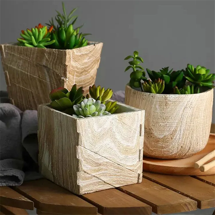 Unique lifelike wood grain european style matte concrete planters garden decoration cement flower pot molds