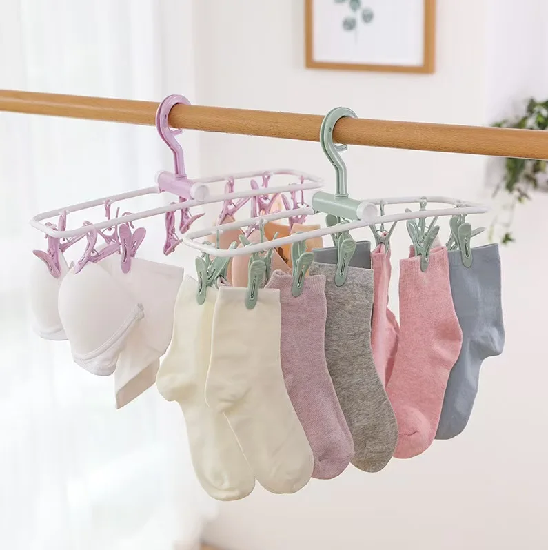 New Plastic Portable Cloth Drying Rack 12 Clips Folding Drying Rack Underwear Socks Clip Multi-functional Clothes Rack