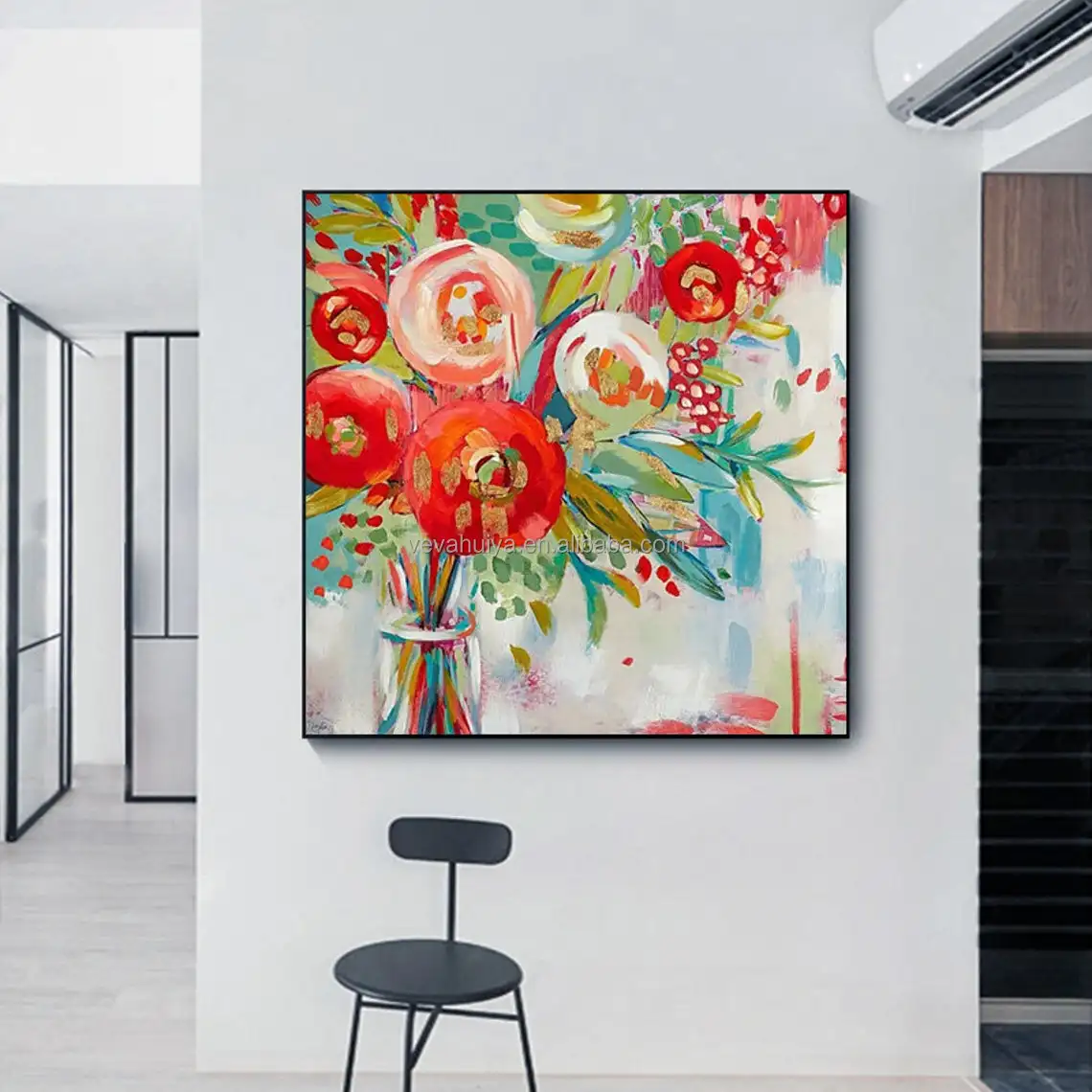 100% Handmade Abstract With Golden Foil Red Color Oil Painting Home Restaurant Decorative Painting