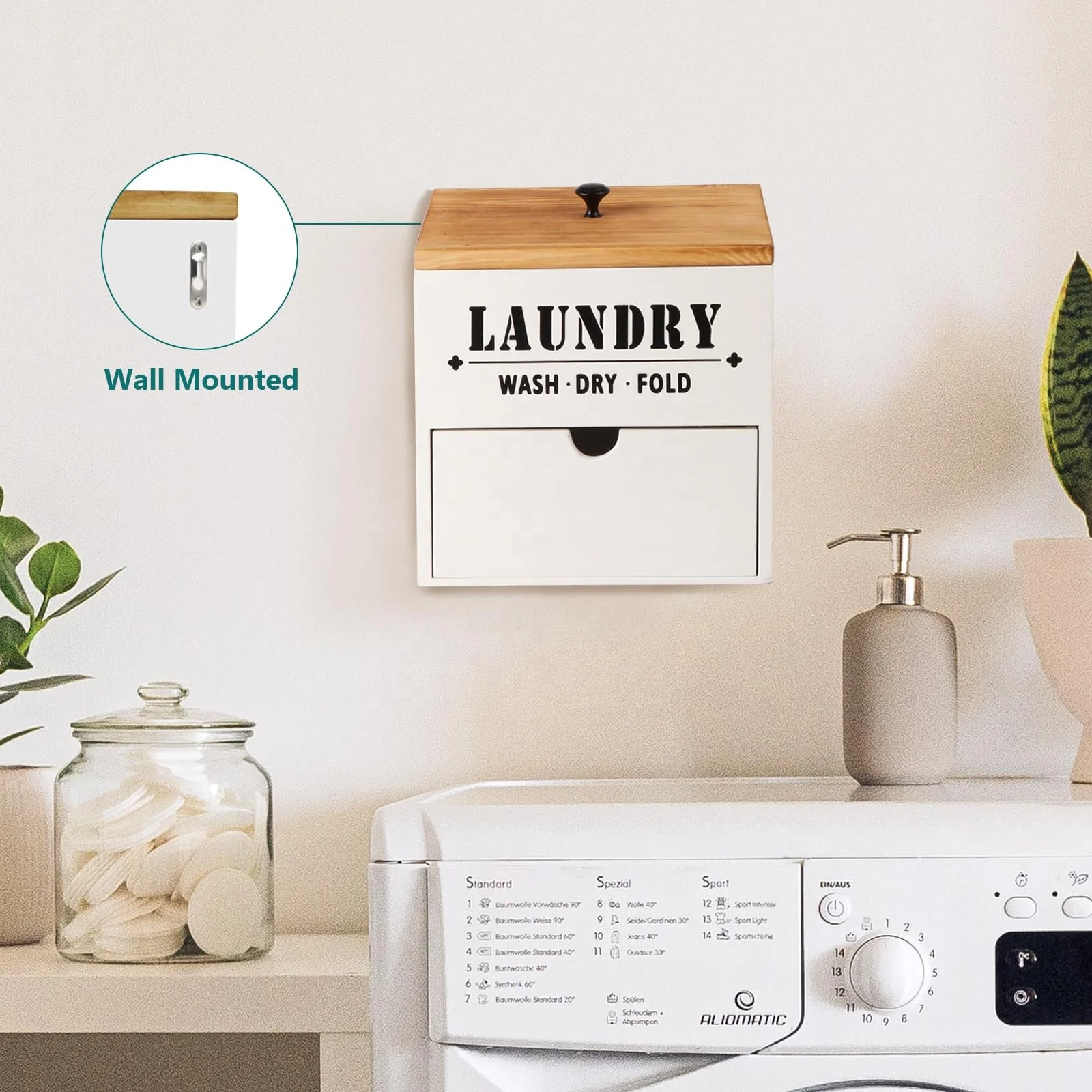 Hot selling home high quality laundry room wooden desiccant storage box laundry pod container Laundry Dryer Sheet Dispenser