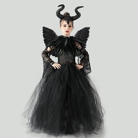 Costume for Kids Girls Evil Queen Fancy Dress Black Princess Tutu Dress Horns Accessories Child Magic Wizard Halloween Costumes