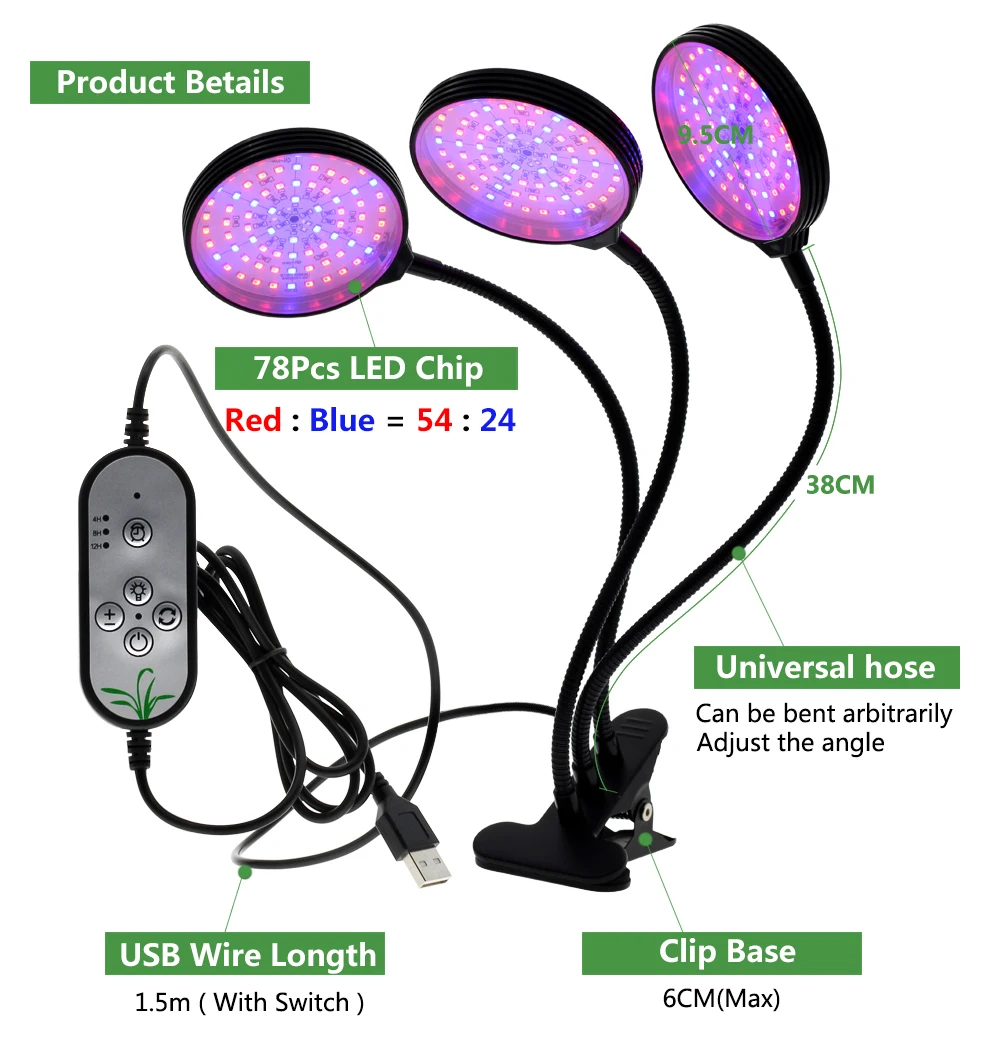 LED Plant Lamp Red Blue Spectrum DC 5v USB Clip Dimming Timer Full Spectrum Indoor LED Grow Light