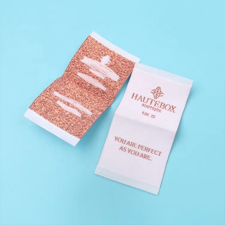 Personalized Custom Shiny Rose Gold Logo Center Folded High Quality Durable Polyester Garments Woven Size Hem Tags