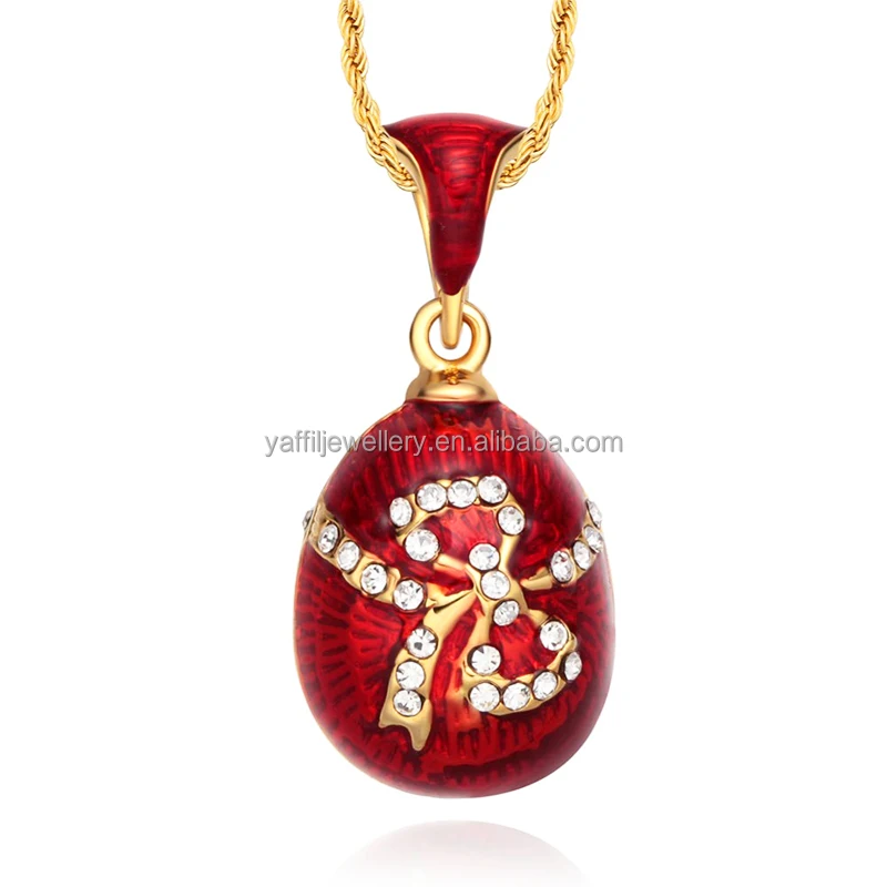 Premium Enamel Handmade Jewelry Brass Vintage Egg Bow Pendant Charm Crystal Rhinestone Necklace For Women Jewelry