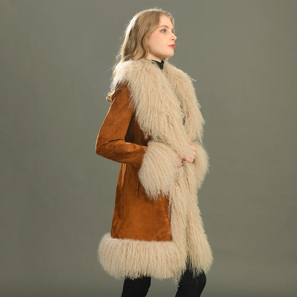Fashion Luxury Genuine Sheep Leather Trench Coat Big Real Mongolian Lamb Fur Collar Custom Winter Suede Leather Coat for Women