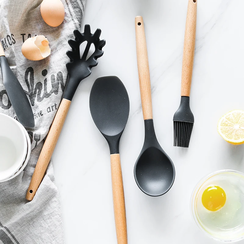 9Pcs Kitchen Utensils Set Cheap Non-stick Heat Resistant Silicone Frying Shovel Cooking Tools With Wooden Handles 1788