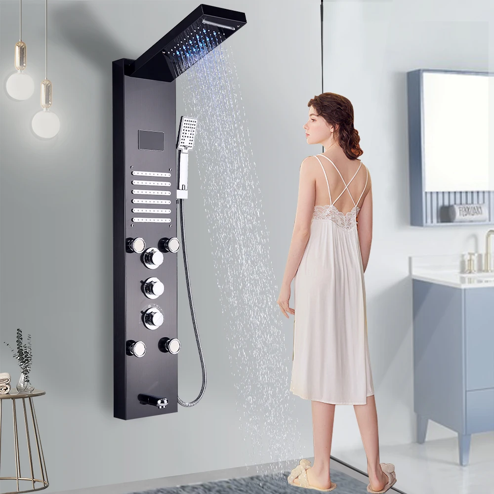 
Brushed nickel Bathroom Shower Column Black LED Shower Panel Rainfall Shower Faucets Digital Screen 6 Modes Mixer Tap 
