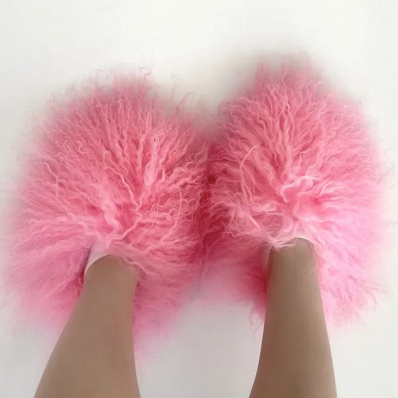2024 Custom Logo Pantuflas De Peluches Slip On Zapatillas Fluffy Plush Fuzzy sheep fur slides Mongolian fur  slippers