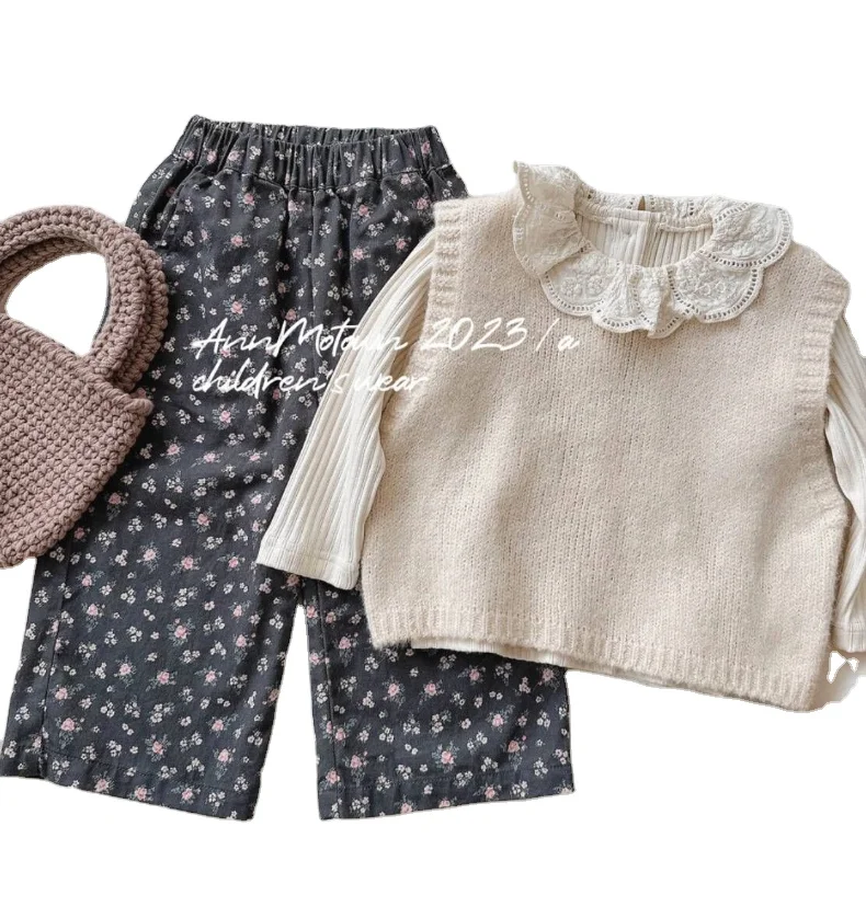 Autumn new girls knitted waistcoat + lace collar base shirt + floral wide-leg pants three-piece set