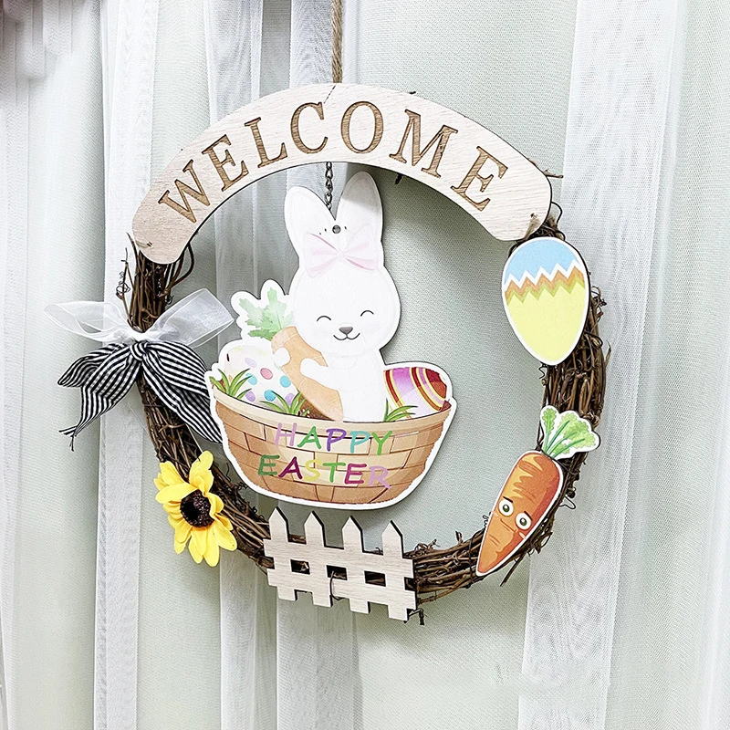 2022 Home Decorative BunnyFlower Wreath Door Hanger Pinecone Easter Wreath