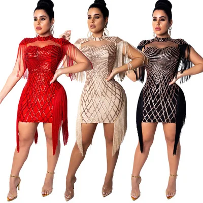 Sexy Short Cocktail Dresses Sexy Bodycon Ladies Dress Tassel Sequin Evening Dresses