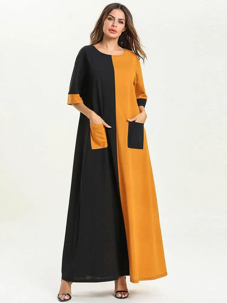 
Simple fashion long sleeve splicing new model abaya in dubai thin dress Muslim robe loose long Dresses 