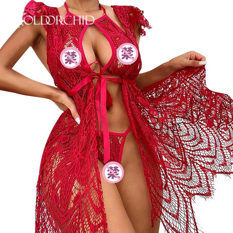 Wholesale nightwear gold orchid lingerie women sexy women embroidery lace two piece halter neck lingerie sets with robe