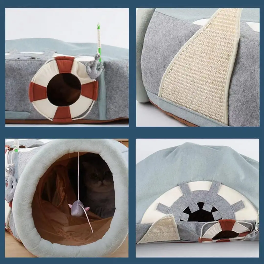 
Creative Pet Toy Cat Tunnel with Cat Scratch Board and Cat Teaser Semi-enclosed Spaceship Shape 