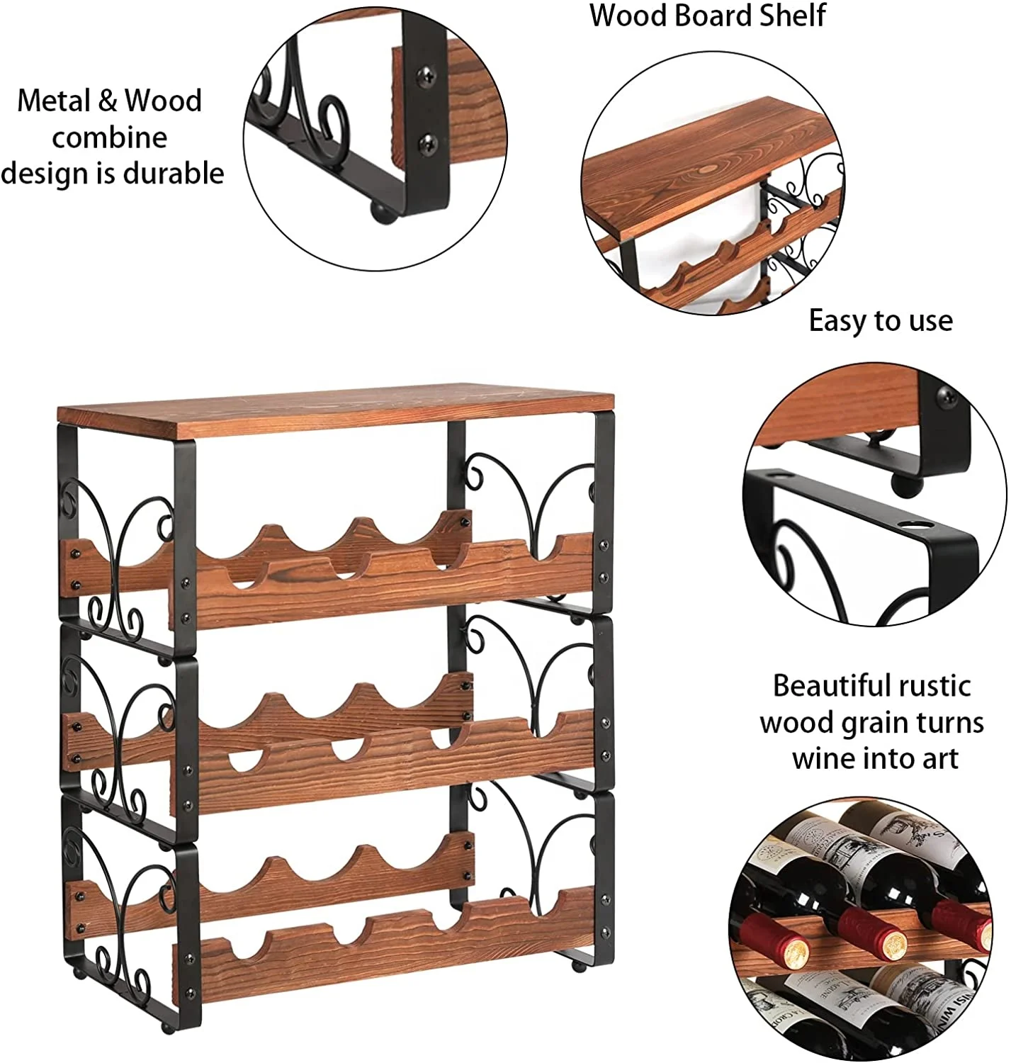 Hot Selling Countertop Wine Rack Wood Metal Wine Bottle Holder Storage Rack Stand Stackable Perfection Organizer