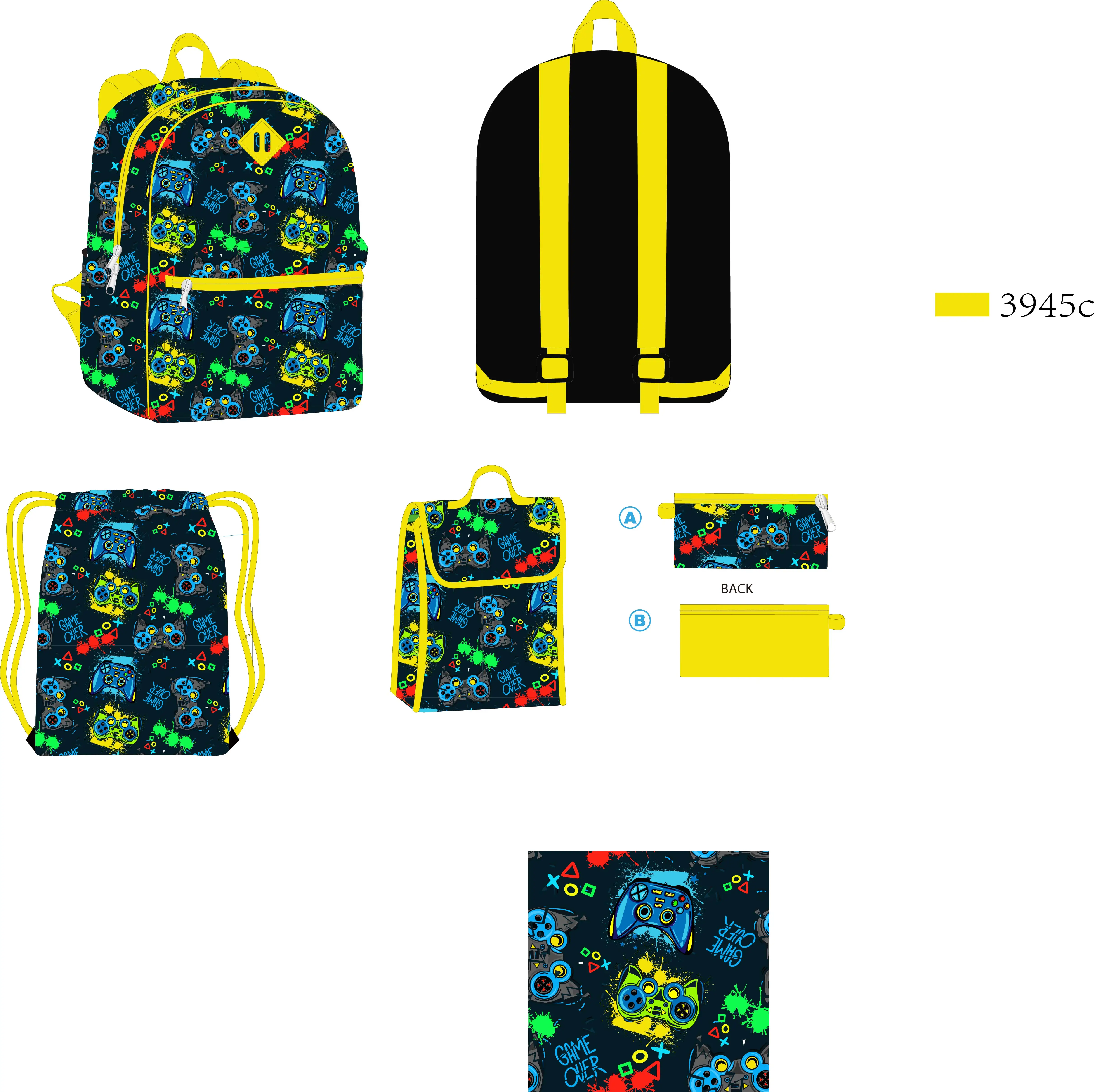 Custom 5 in 1 sets kids back to school bag sets with lunch bag, pencil case ,cooler bag and drawstring bag for boy and girls