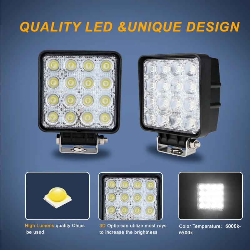 Tuff Plus 12V 24V 32V 48w super bright truck working light car spot square led work light for truck suv