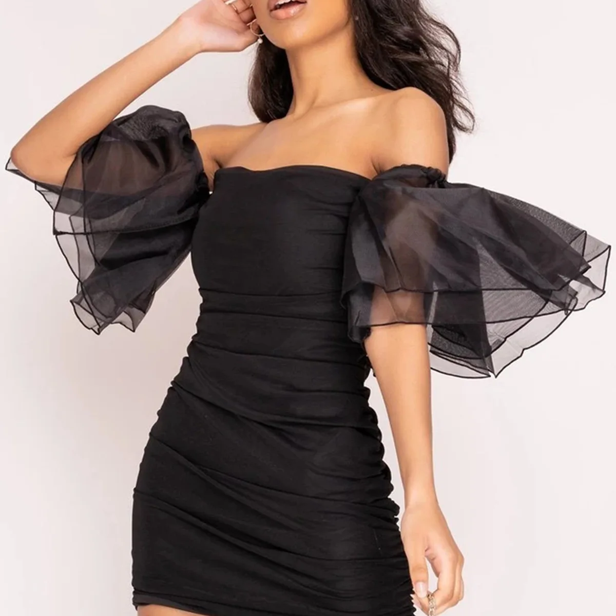 Sexy nightclub style pleated puff sleeve short dress ladies mesh chiffon dress