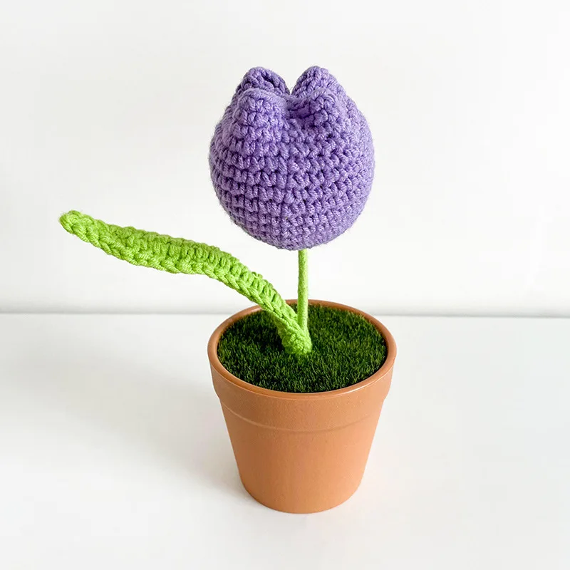 Hand-Knitted Sunflower, Tulip, Rose, Delicate Small Artificial Crochet Flower Knitted Flower Pot For Girl Gift Girl Room Decor