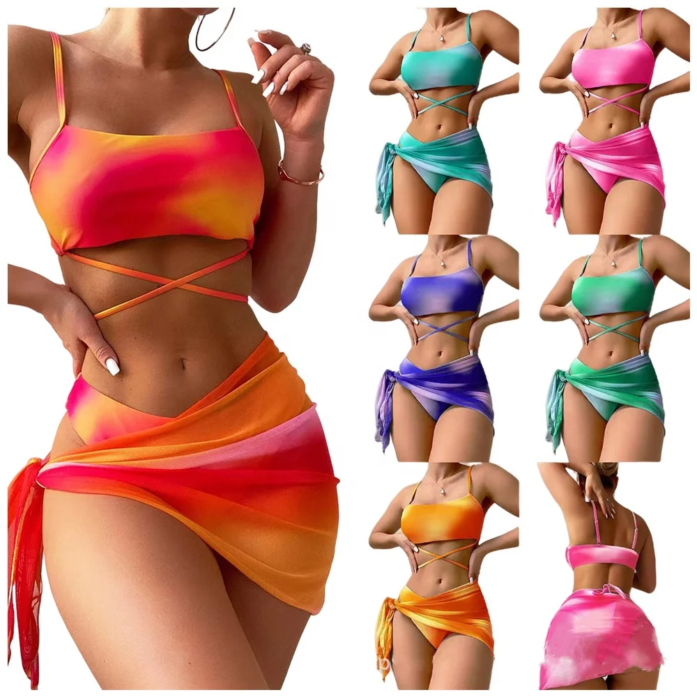 2023 Summer 3 Pieces Sexy Bikini Set Women Split Swimsuit Vintage Tie-dyed Printed Bathing Suit Swimsuits