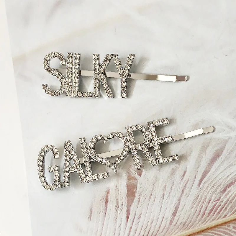 Custom words rhinestone English letter GALORE love heart hairpin metal drill SILKY hair clips hair accessories wholesale