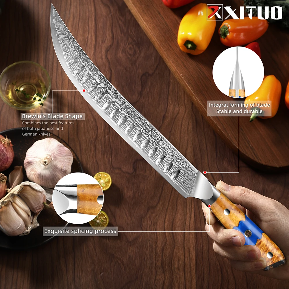XITUO 10 Inch Slicing Knife Sharp Damascus High Carbon Stainless Steel Long Non-stick Ham Cutter Kitchen Chef Special Tools Hot