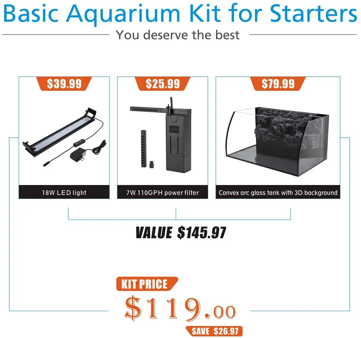 Hygger 8 Gallon LED Glass Aquarium fish tank including 7W Power Filter Pump, 18W Colored led Light, aquarium betta tank