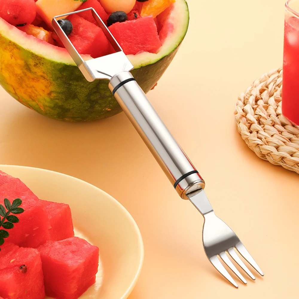 2024 New Arrival Dual Head Stainless Steel 2-in-1 Fruit Cutter & Watermelon Fork Slicer Knife Home Kitchen Gadget