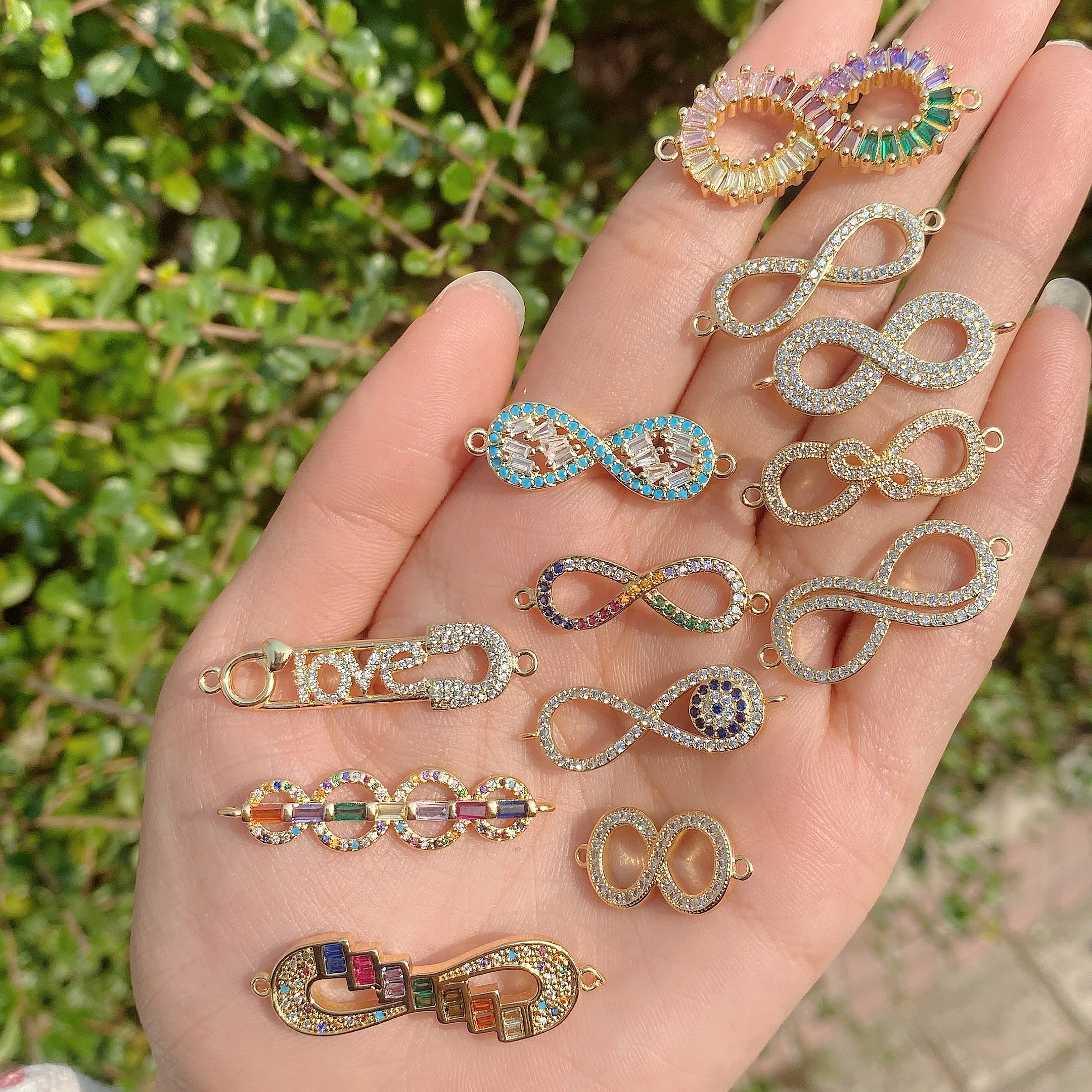 CZ Micro Pave Lucky Figure 8 Connectors Gold plated Brass Links with 2 Loops, Zirconia Paved Infinity Charm For Bracelet Making