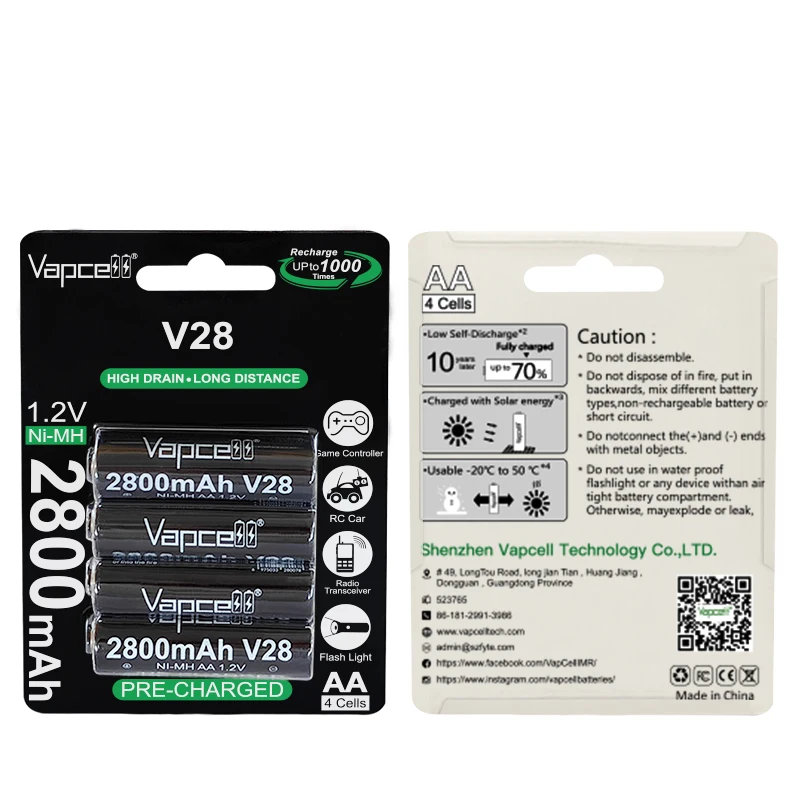 Оптовая продажа Vapcell NiMh V28 AA 2800mAh 1 2 V Ni-MH Cell Аккумуляторная батарея для фонарика