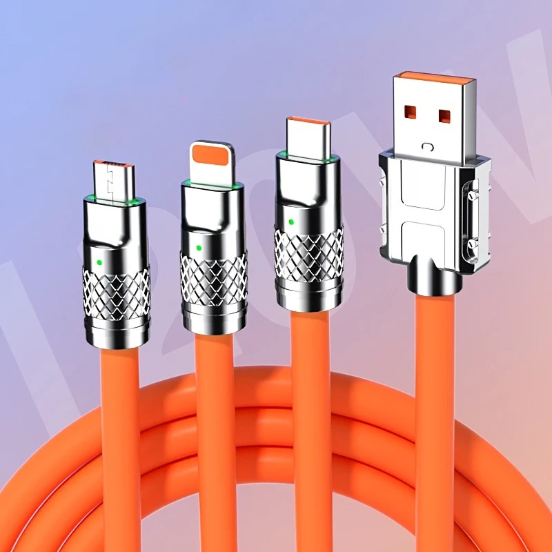 3A 120 Вт usb-кабель для быстрой зарядки Цветной силиконовый кабель 3 в 1 Тип c зарядный iphone 15 14 13 12 11