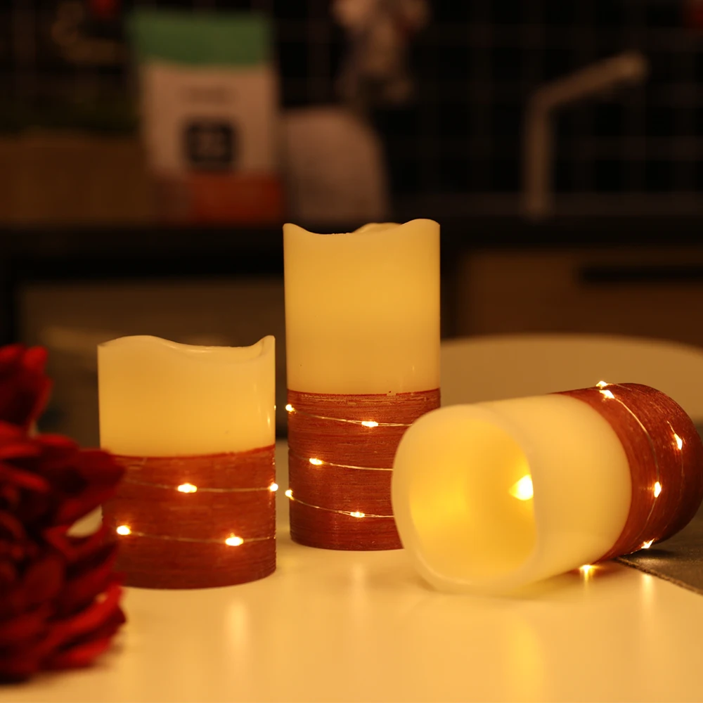 3pcs Real wax beautiful glitter pillar decorative electric led flameless candle with remote control